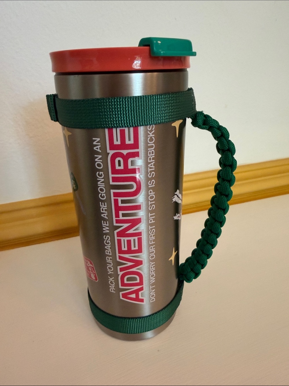NEW Starbucks Stainless Travel Mug Green Paracord Handle Dandy Worldwide Road
